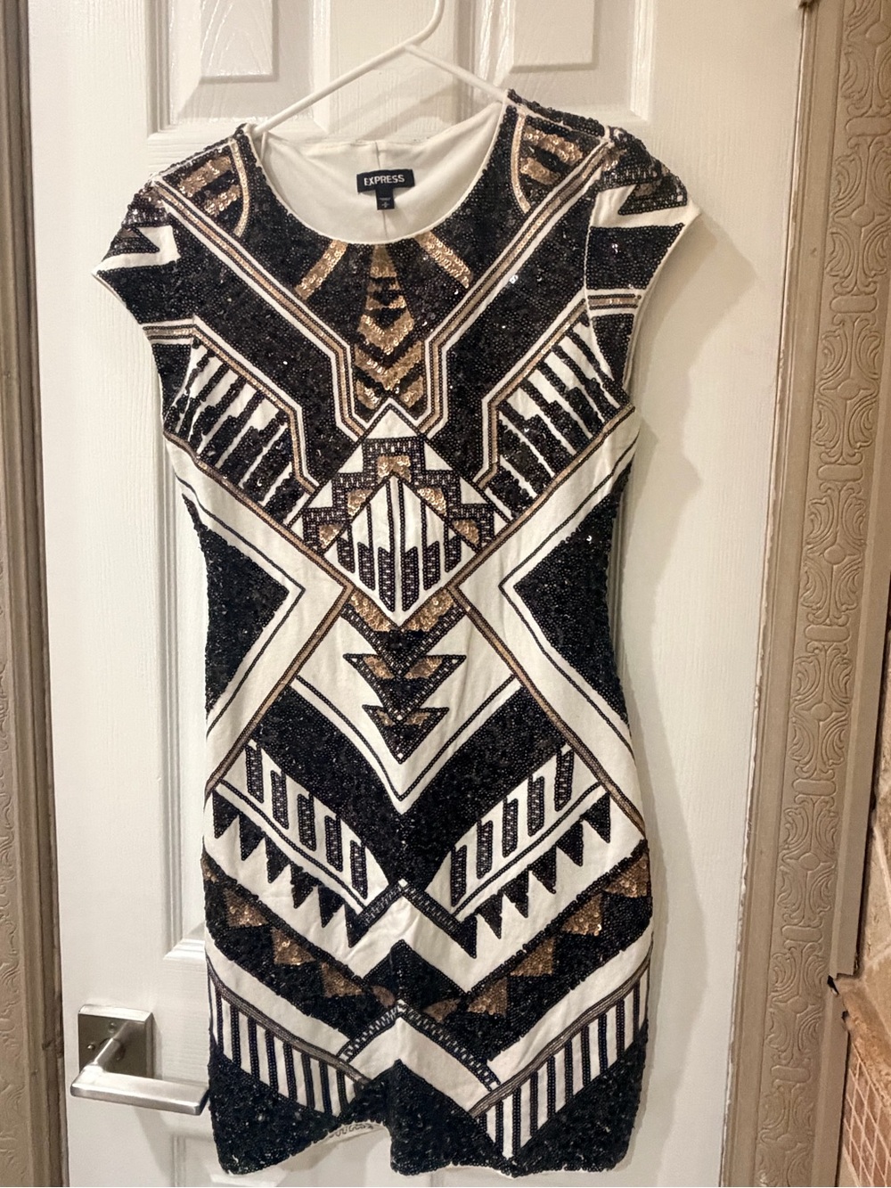 Express Black, White & Gold Sequin Geometric Mini Dress
